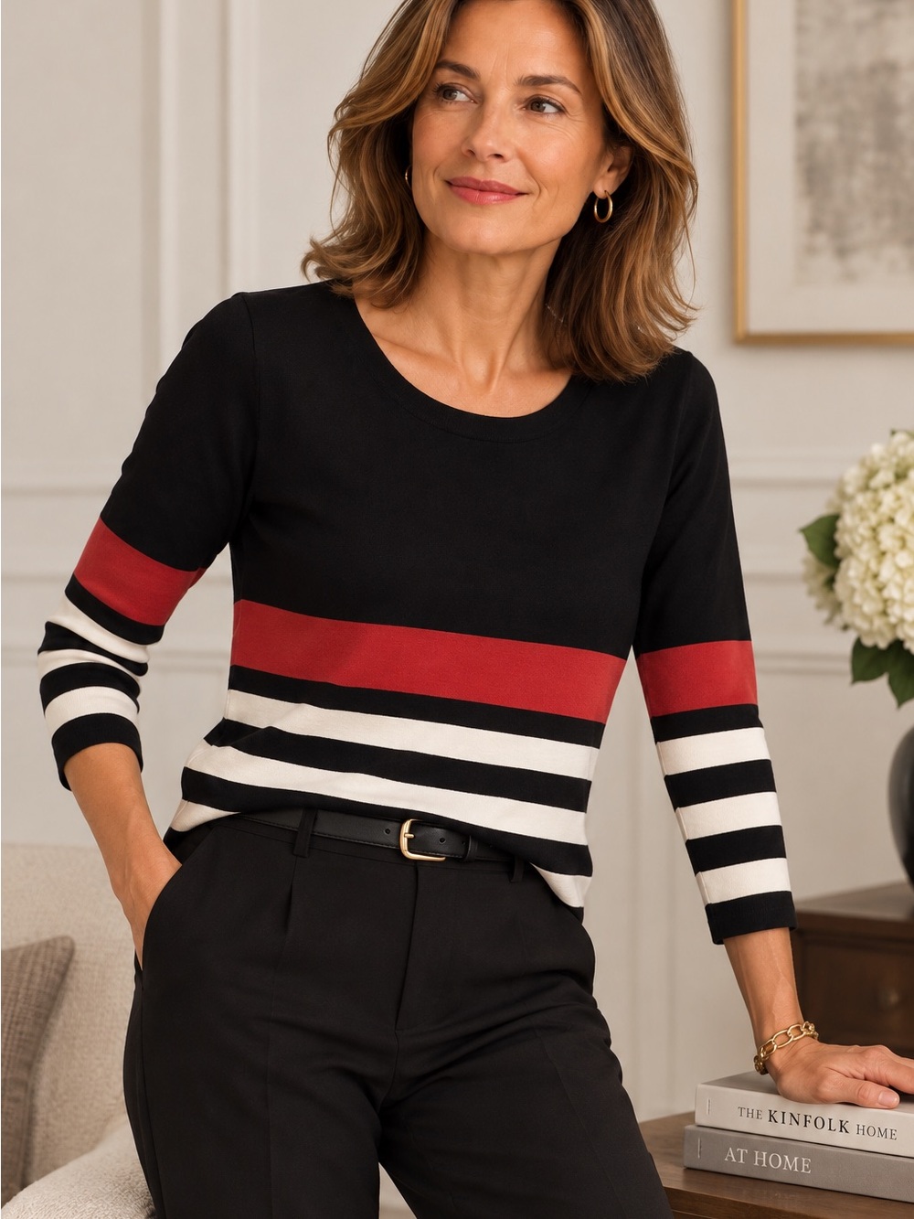 Karen Millen Striped Top Black Red Ivory 3/4 Sleeve Zip Back Size 8